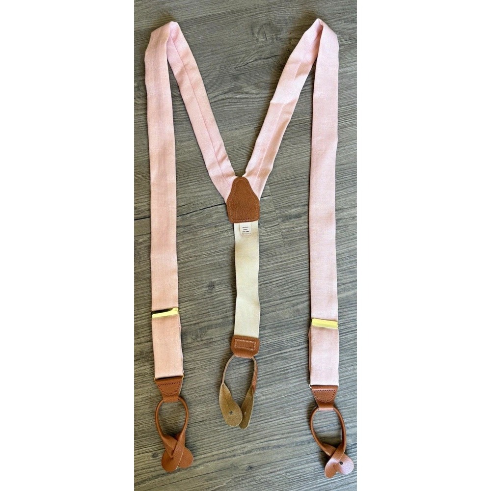 Vintage Pink 100% Linen Button Suspenders Braces Leather Tabs Size R